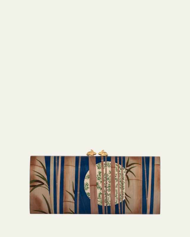 18K Yellow Gold Rectangular Marquetry Clutch with Bamboo Moon Print and Rabbit Detail